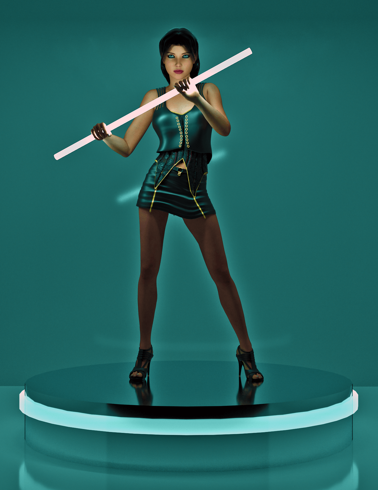 An image of a woman in a room holding a glowing rod